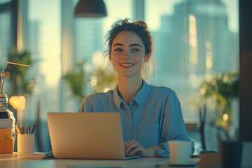 Woman with robot in modern office