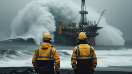 Wall Mural - Engineers in yellow jackets observe remote offshore oil rig as massive waves crash against it, showcasing power of nature and resilience of human engineering