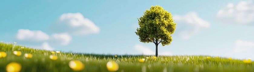 Lone tree on a lush green field under a blue sky with fluffy clouds, clear landscape and beautiful scenery.