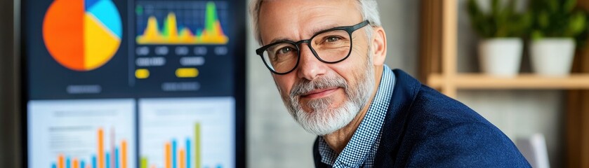 Portrait of a senior businessman smiling in front of charts, showcasing professionalism and analytical skills in an office setting.