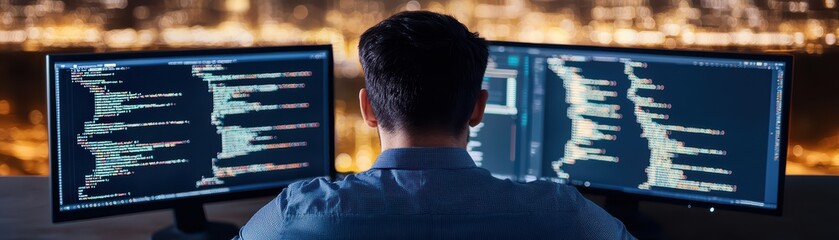 Person coding at dual monitors with city view in the background during night.