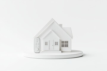 Stylish white model house on a circular base, perfect for real estate and architectural design concepts.