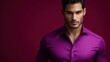 © 69 - A model portrait of a confident Hispanic man in a purple shirt, radiating style and professionalism in a minimalistic setting, ideal for marketing.