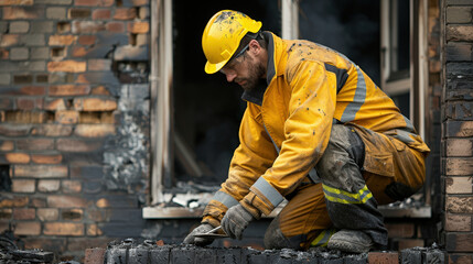 firefighter in protective gear and yellow helmet carefully examines debris outside damaged building, showcasing determination and focus