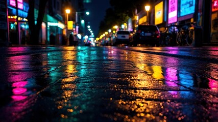 Wall Mural - Neon Reflections in Rain-Soaked City, Urban Night, Bokeh, Wet Pavement, Lights