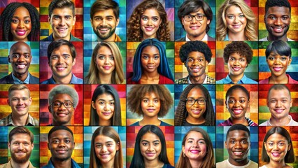 Vibrant mosaic of diverse faces, each stripe pulsating with unique hues, celebrates beauty of individuality and unity found in our shared humanity. Concept of youth, human rights, social equality