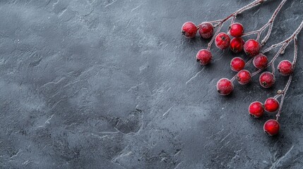 Frost-covered berries resting on a smooth grey surface with a clean minimalist background perfect for winter designs and text overlays