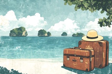 Vintage old travel suitcase on beach.