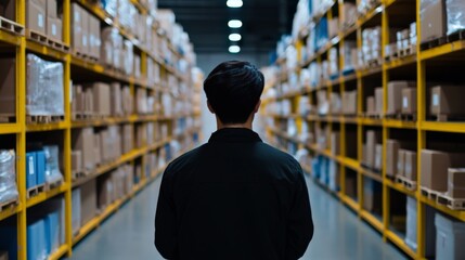 A person stands in a warehouse aisle surrounded by rows of shelves filled with cardboard boxes.