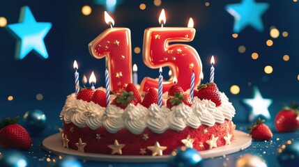 Wall Mural - Red Cake with White Frosting and Candles