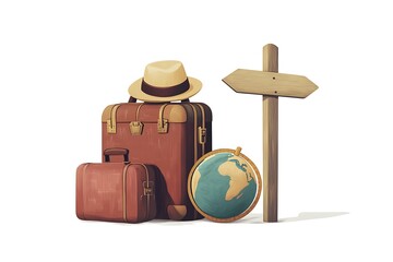 Travel illustration with vintage suitcases and globe, vector concept of vacation.