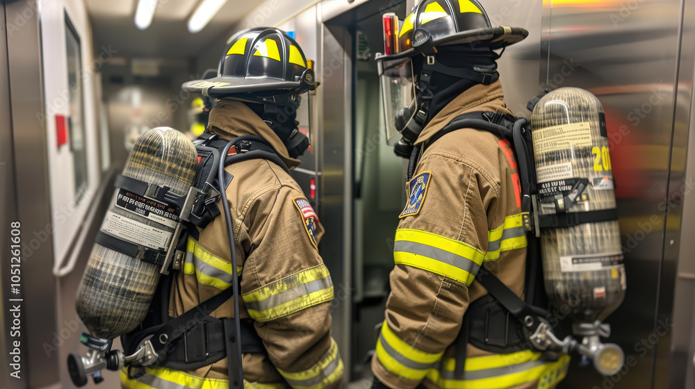 Two firefighters in full gear, including helmets and oxygen tanks, work ...