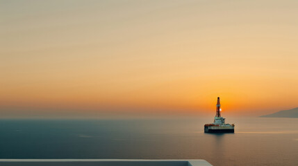 Wall Mural - solitary offshore drilling rig stands against serene ocean backdrop during stunning sunset, creating peaceful yet industrial scene