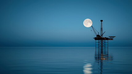 Wall Mural - offshore energy platform stands silhouetted against shimmering moonlit sea, creating serene and captivating scene. calm water reflects full moons glow