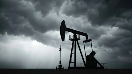 Sticker - silhouetted oil pump jack stands against dramatic, cloudy sky, evoking sense of industrial power and atmospheric tension