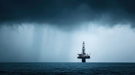 Sticker - solitary offshore energy platform stands silhouetted against dramatic, stormy sky, creating striking contrast with calm sea. scene evokes sense of isolation and power