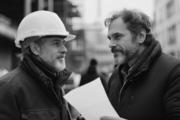 Architect and engineer discussing blueprint at construction site