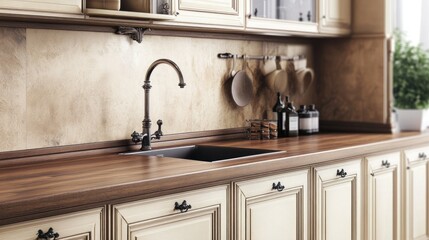 Rustic kitchen countertop with sink and vintage faucet. Home decor and kitchen interior concept