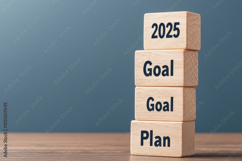 Wooden blocks with text representing goals and plans for 2025 on a ...