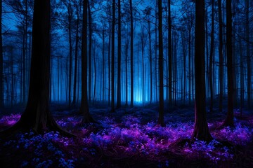 A vast dark forest where the trees have neon blue and purple leaves, AI Generated