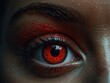 © Illustrations - Fierce scary red eyes on a dark textured face. Demonic eyes. Concept of Halloween, horror, evil spirits, supernatural beings, demon