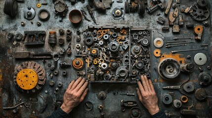 Engine Rebuild Process - Hands of a mechanic rebuilding an engine, parts laid out systematically, representing precision and craftsmanship in engine assembly.