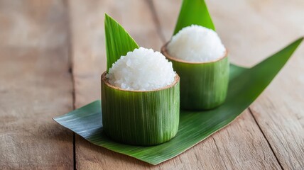 Two servings of sticky rice served in banana leaf cups.