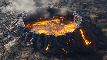 Fantasy alien terrain featuring a massive crater with glowing lava flows, surrounded by burning sulfur pools and smoke.