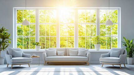 Wall Mural - Sunlight streams through large windows illuminating a living room with two armchairs and a sofa..