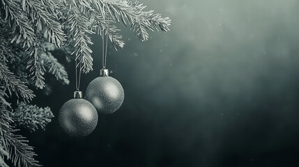 Two silver ornaments hang from a snow-covered evergreen branch..