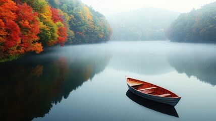 A traditional Japanese boat floating on a calm lake surrounded by autumn trees, with mist rising from the water, Boat on lake autumn, Peaceful autumn scene