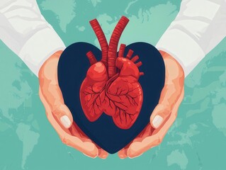 A vibrant illustration of two hands cradling a red heart with anatomical details, symbolizing care for health and well-being.