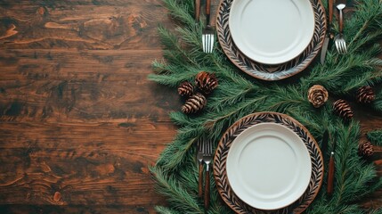 A beautifully arranged dining table featuring two plates, green greenery, and decorative pinecones, creating a warm, festive atmosphere.