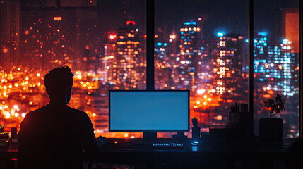 At night, male and female colleagues in the office are working overtime