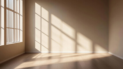 Empty beige room with sunlight casting window shadows on wooden floor