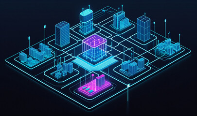 A schematic diagram of the electrical grid and power distribution system for a network of fast-charging stations, neon lights