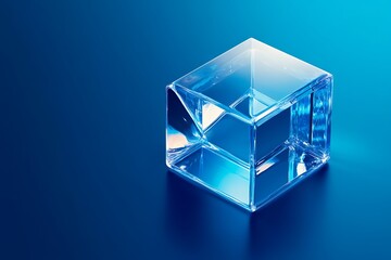  Minimalist isometric cube made of blue glass, blue background design, isosceles triangle in the middle, minimalism design, blue color theme design, illustration, 