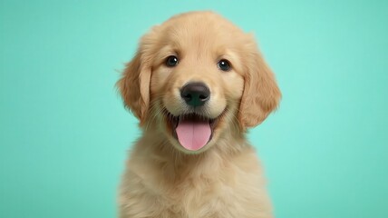 Adorable golden retriever puppy with playful expression on a bright background