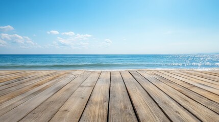 Wooden floor or plank on a sandy beach in summer with calm sea and blue sky, perfect for product display and mockups