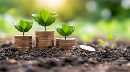 Growth of wealth concept with coins and plants