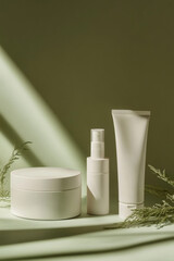 Elegant skincare mockup featuring three minimalist products arranged on a textured surface