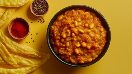 A bowl of Indian curry with spices, served with flatbread.