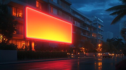 Illuminated billboard on modern building at night, urban scene with streetlights.