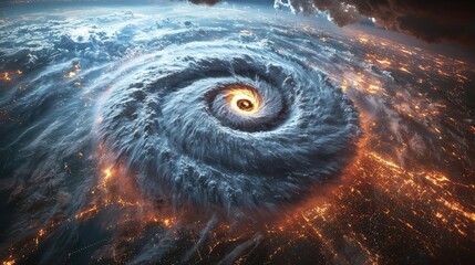 A dramatic view of a hurricane swirling over a city at night, showcasing nature's power.