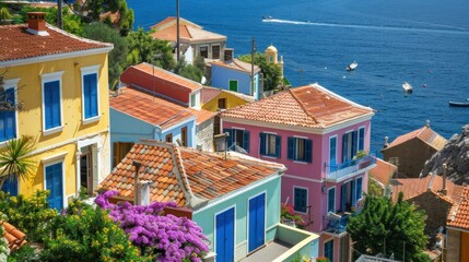 Poster - colorful houses by the sea, vibrant architecture, sunny day, scenic coastal view with blooming flowers description of a picturesque village with colorful houses and a stunning ocean backdrop