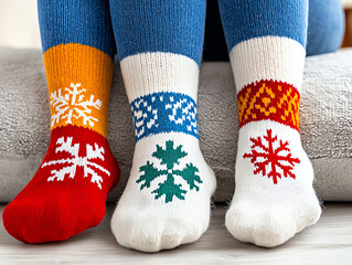 Cozy closeup of colorful winter socks with snowflake patterns perfect for a warm and inviting atmosphere