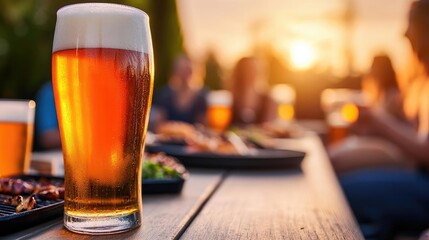 Golden beer glass on a table during sunset, outdoor dining atmosphere