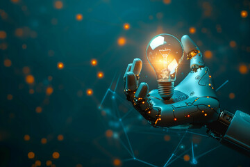 A Futuristic Robot Hand Delicately Holding a Light Bulb with Digital Connections and Glowing Nodes in the Background