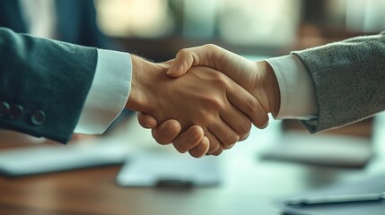 Business Professionals Shaking Hands in Office Setting Symbolizing Successful Partnership and Collaboration