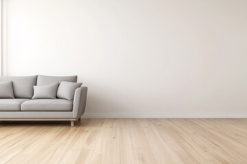 Modern living room with a cozy gray sofa and light wooden flooring in a minimalist design